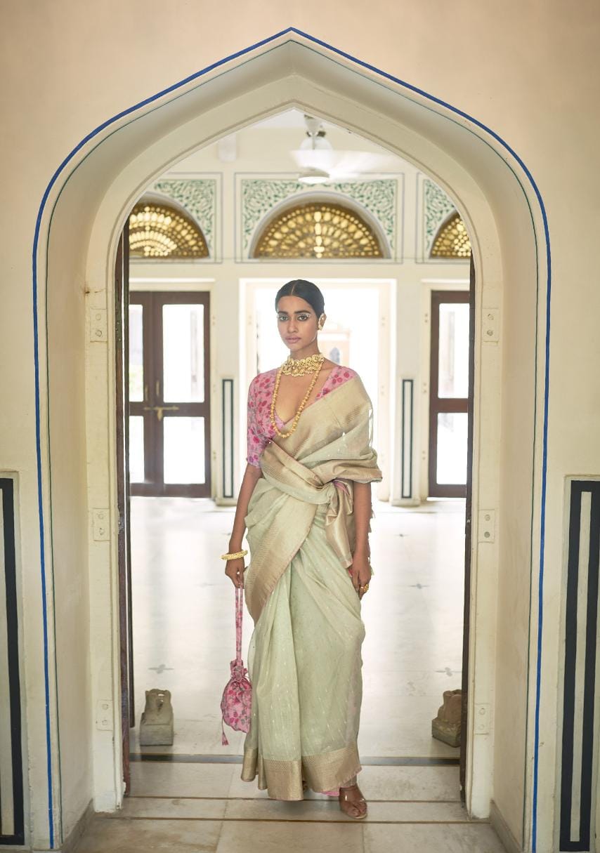 Pista Green Soft Tissue Silk Saree With Kalamkari Blouse