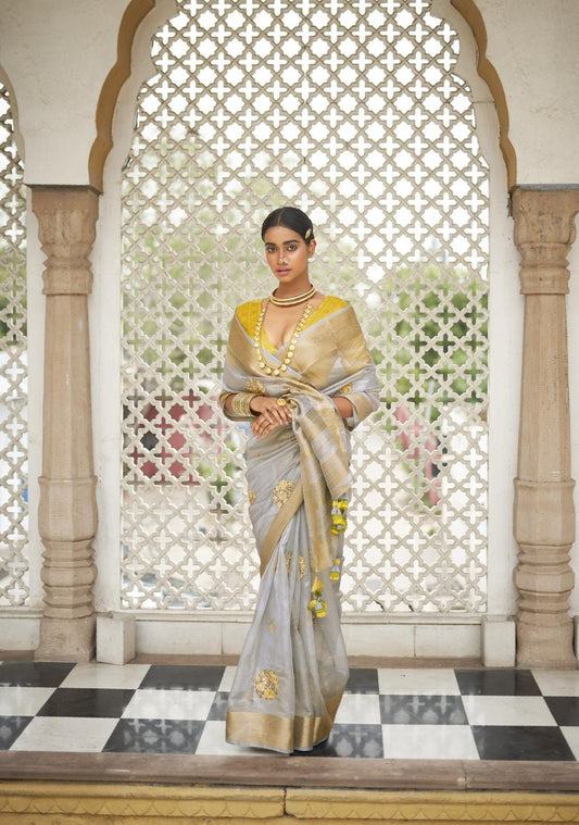 Ash Grey Embroidered Organza Silk Saree