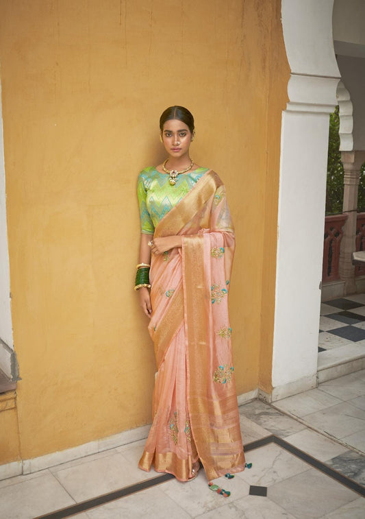 Pastel Peach Embroidered Organza Silk Saree