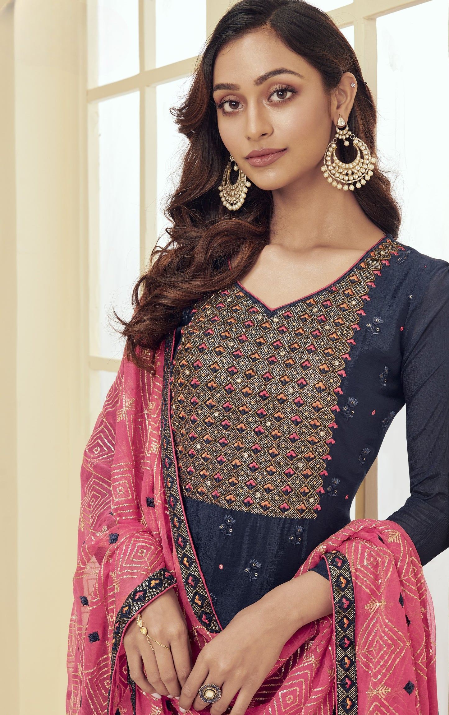 Navy Blue & Pink Embroidered Straight Salwar Suit