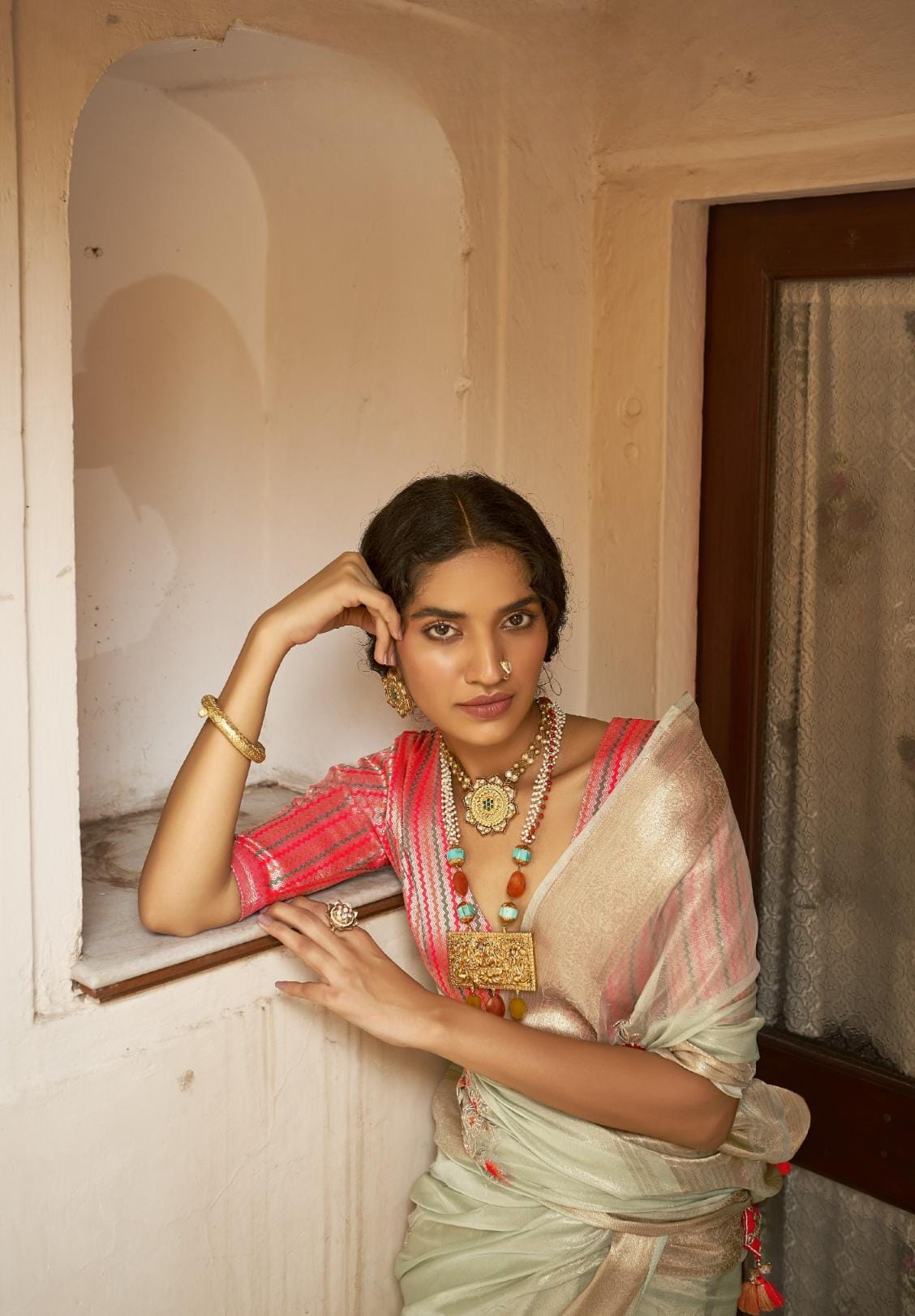 Pastel Green Embroidered Organza Silk Saree