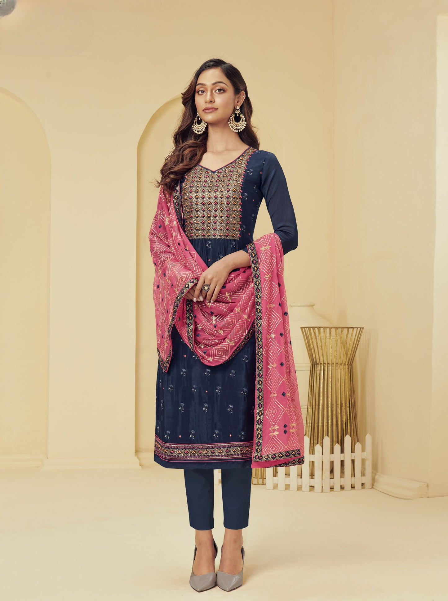 Navy Blue & Pink Embroidered Straight Salwar Suit