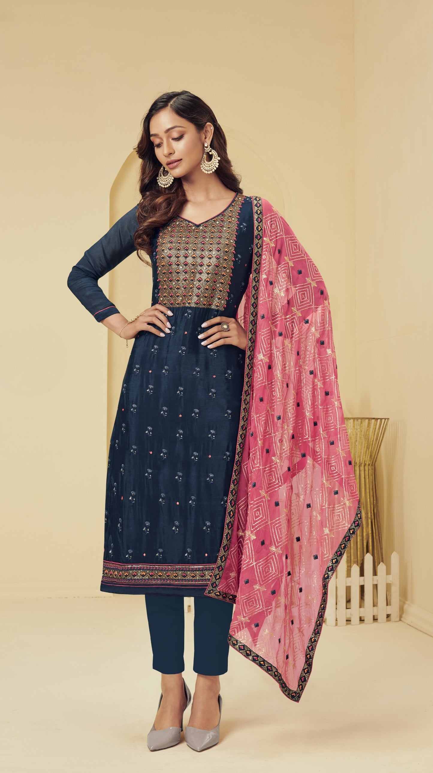 Navy Blue & Pink Embroidered Straight Salwar Suit