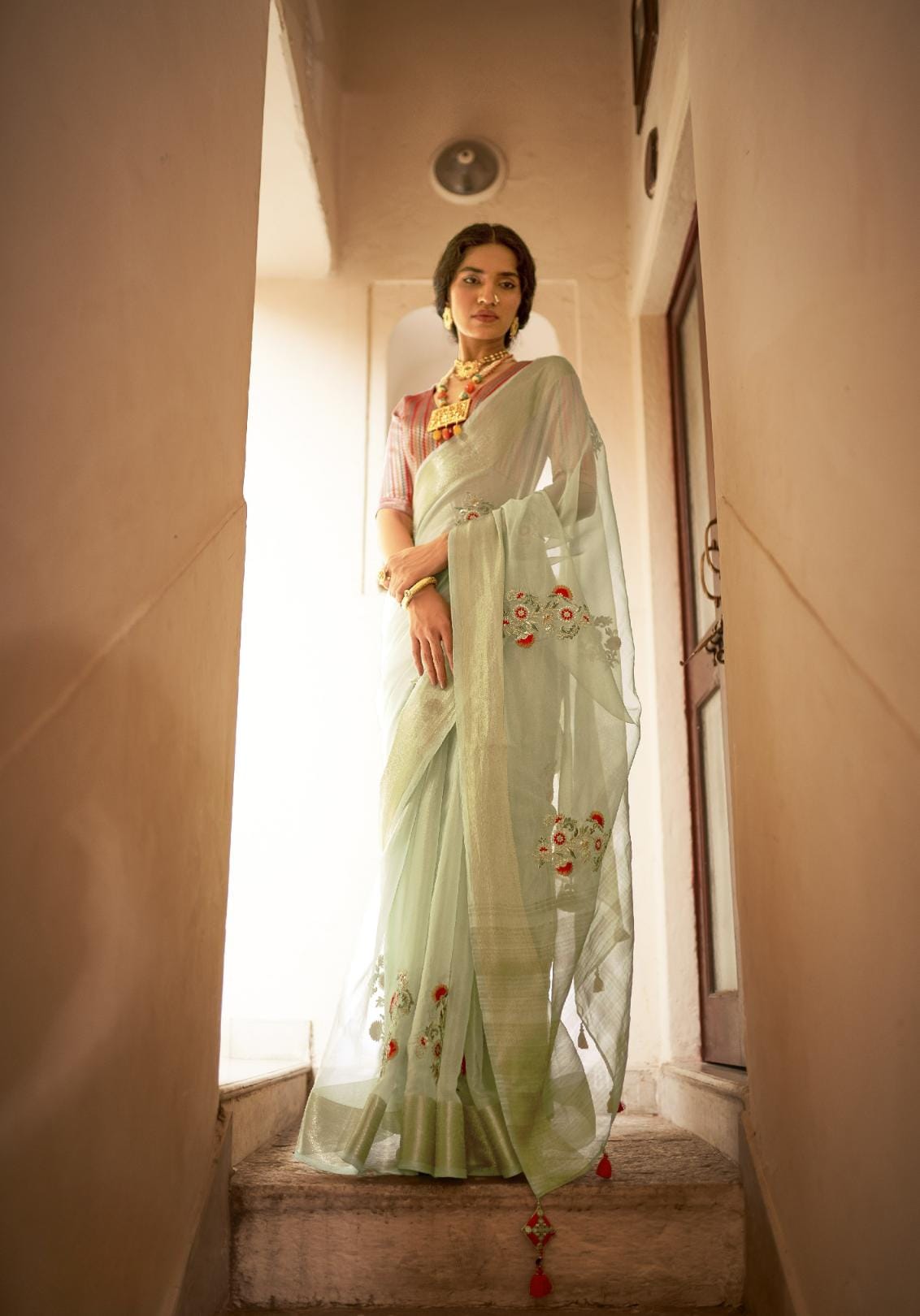 Pastel Green Embroidered Organza Silk Saree