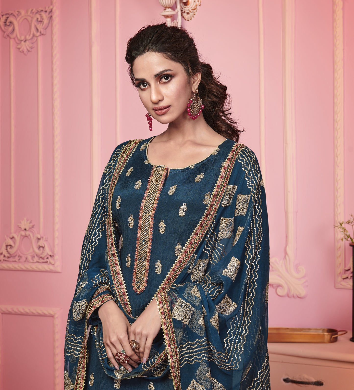 Berry Blue Embroidered Straight Salwar Suit