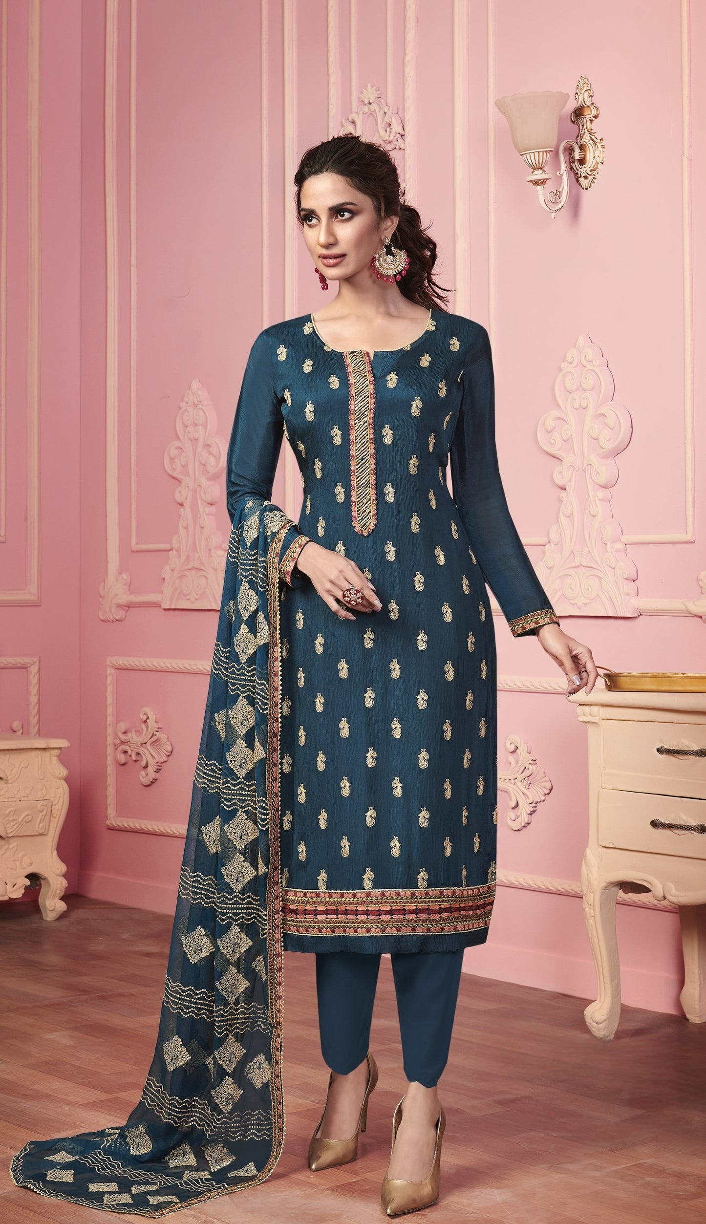 Berry Blue Embroidered Straight Salwar Suit