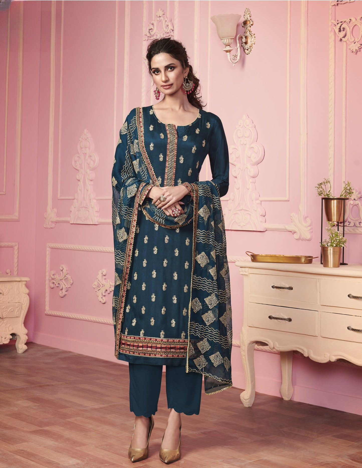 Berry Blue Embroidered Straight Salwar Suit