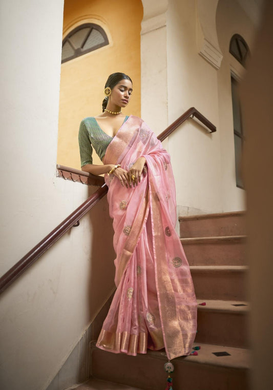 Blush Pink Embroidered Organza Silk Saree