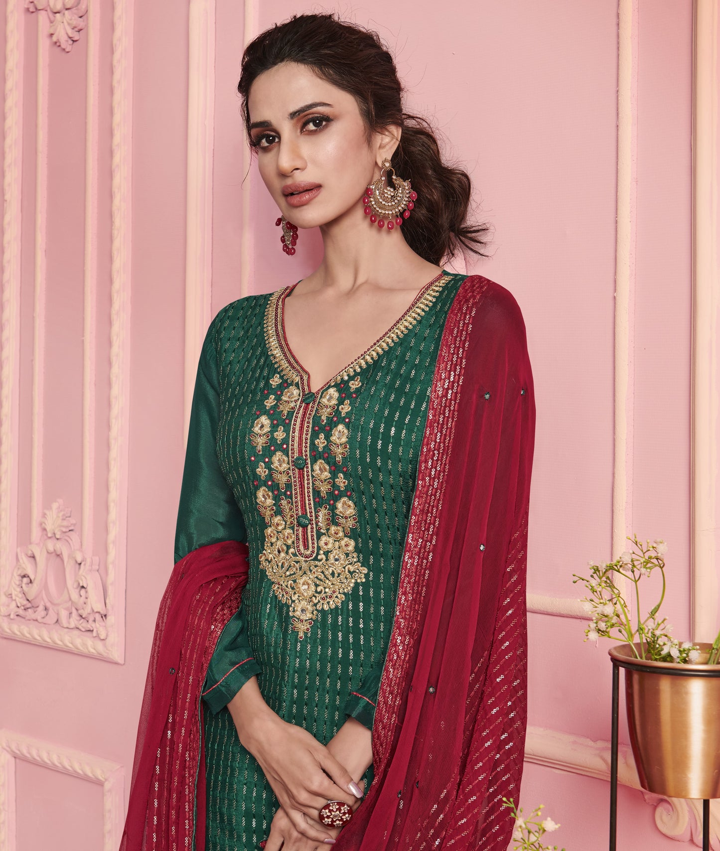 Green & Red Embroidered Straight Salwar Suit