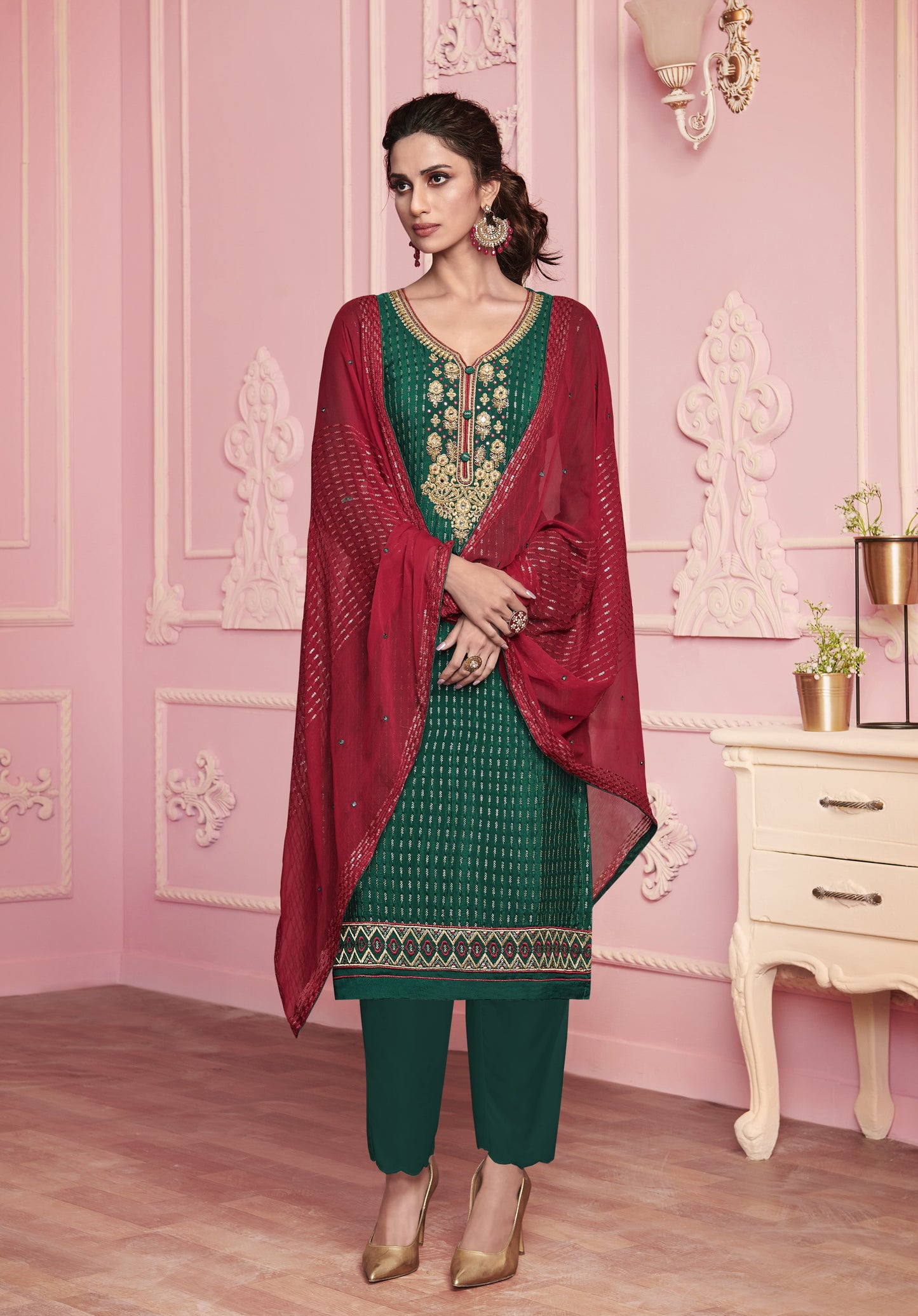 Green & Red Embroidered Straight Salwar Suit