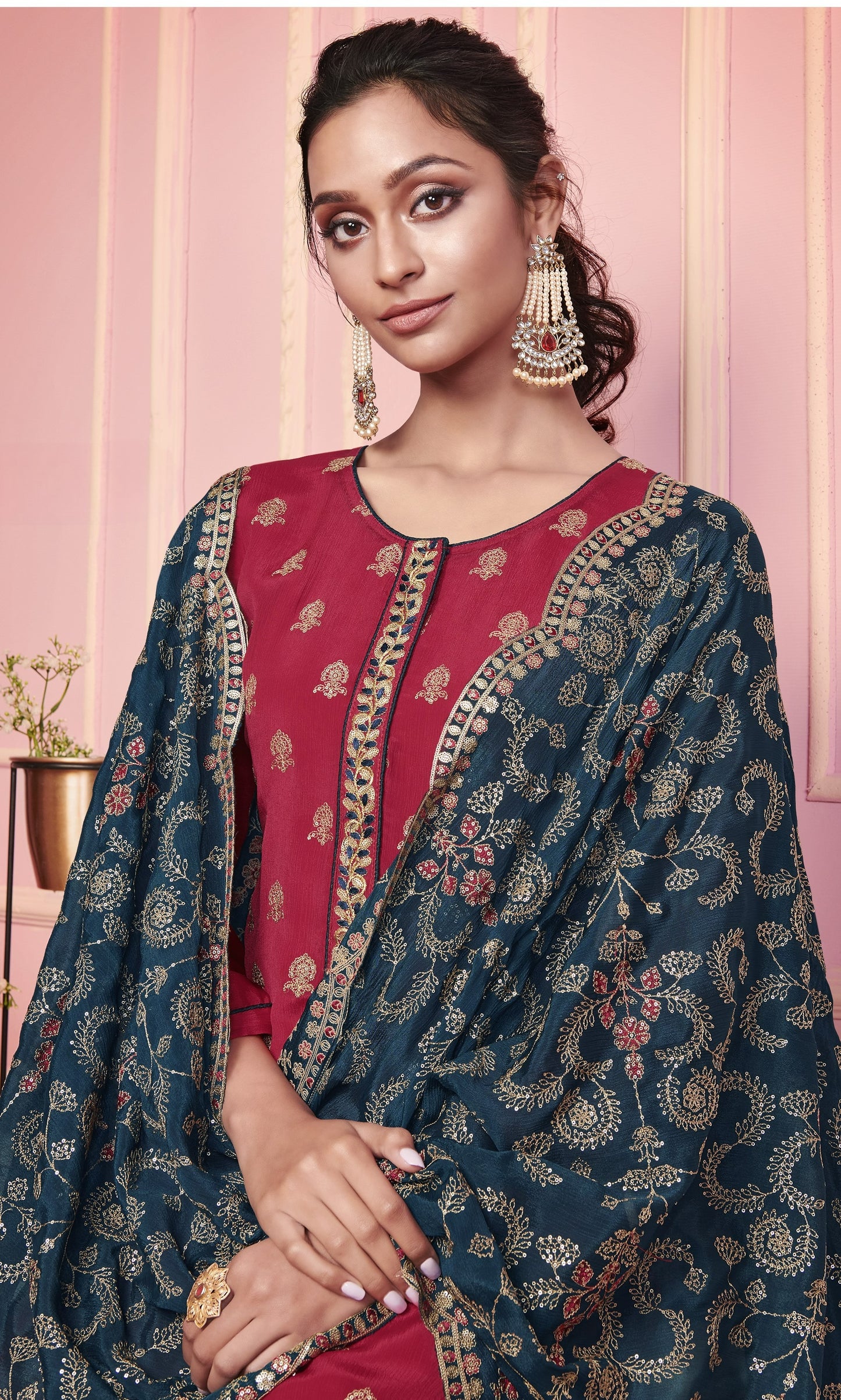 Red & Blue Embroidered Straight Salwar Suit