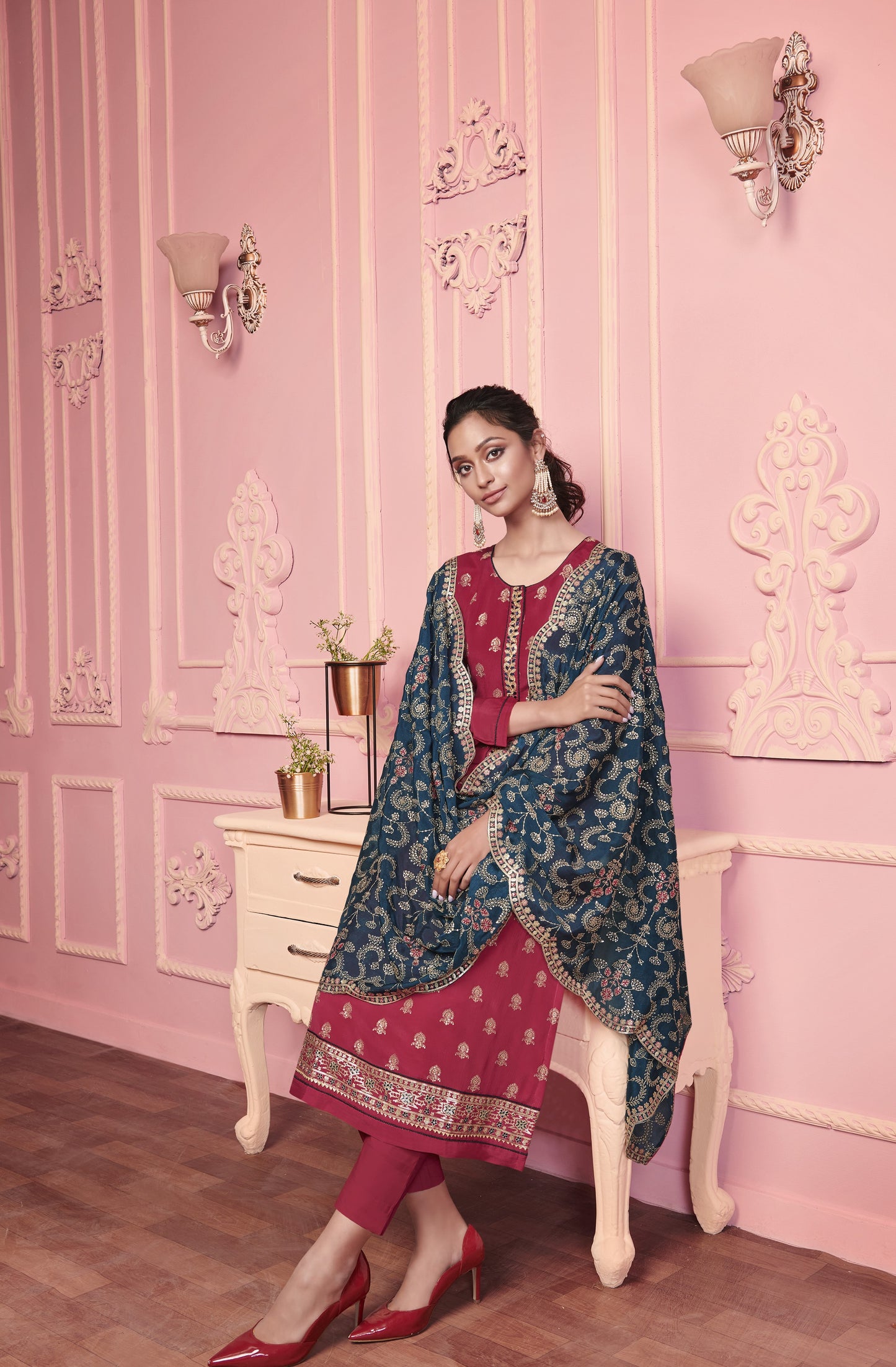 Red & Blue Embroidered Straight Salwar Suit