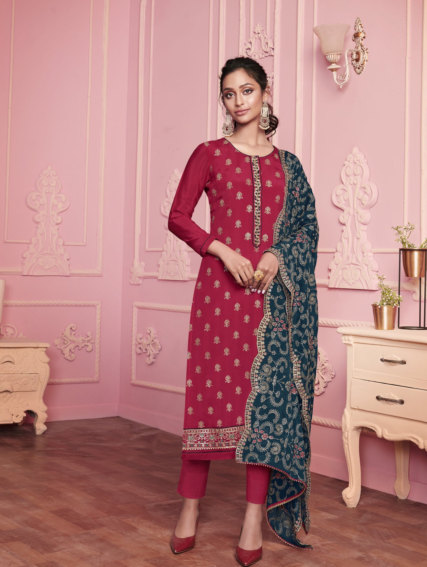 Red & Blue Embroidered Straight Salwar Suit