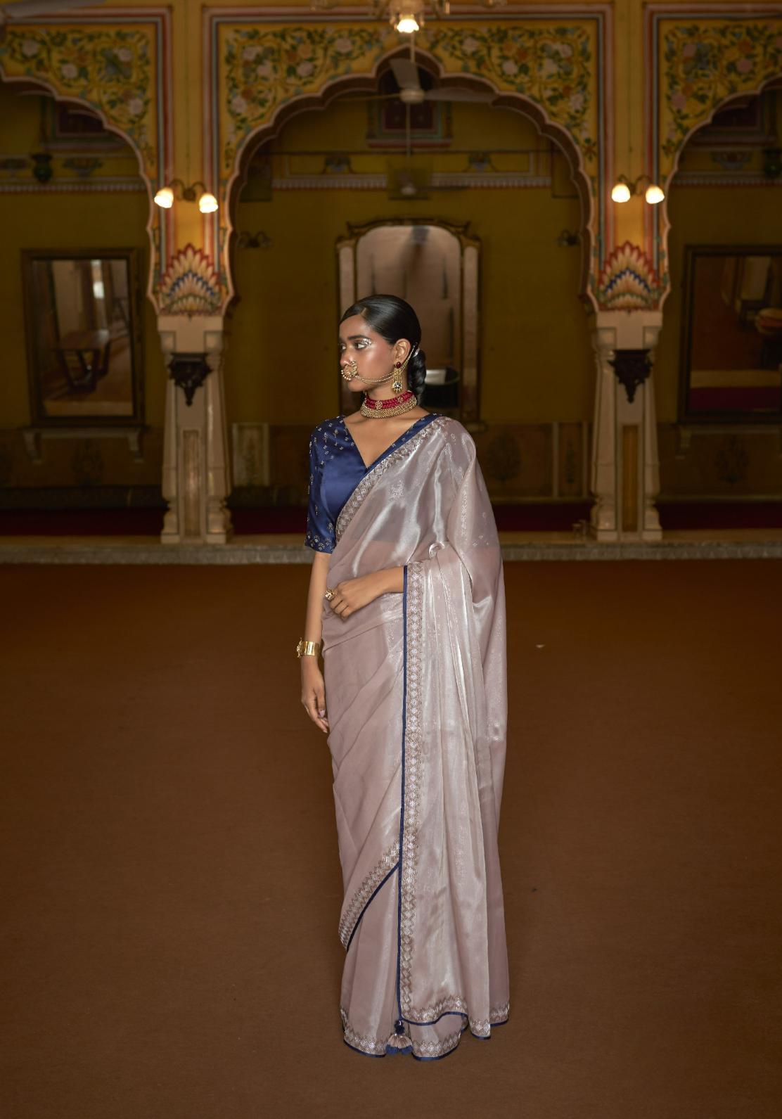 Pastel Mauve Organza Tissue Silk Saree With Designer Blouse