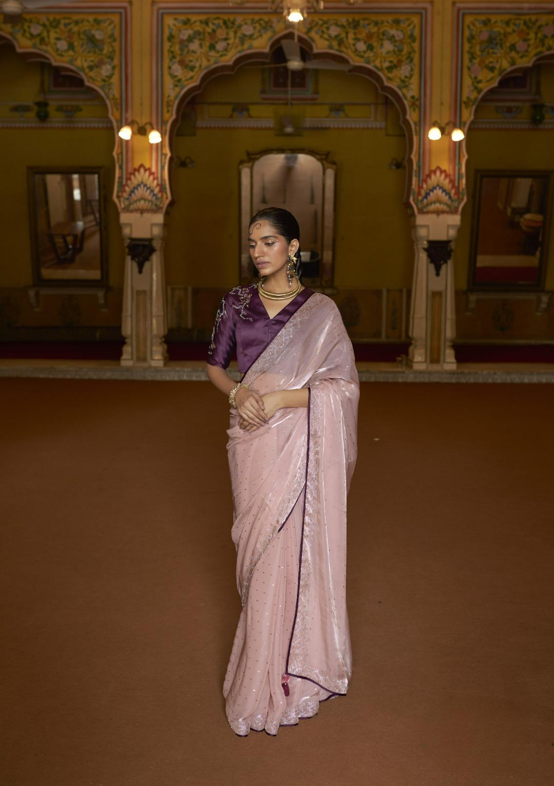 Pastel Pink Organza Tissue Silk Saree With Designer Blouse