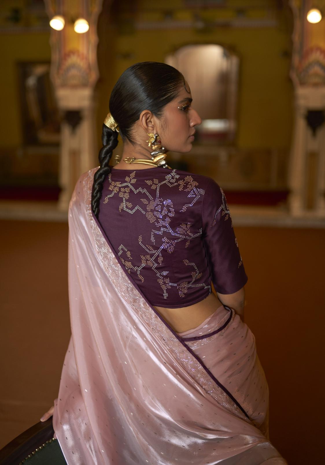 Pastel Pink Organza Tissue Silk Saree With Designer Blouse