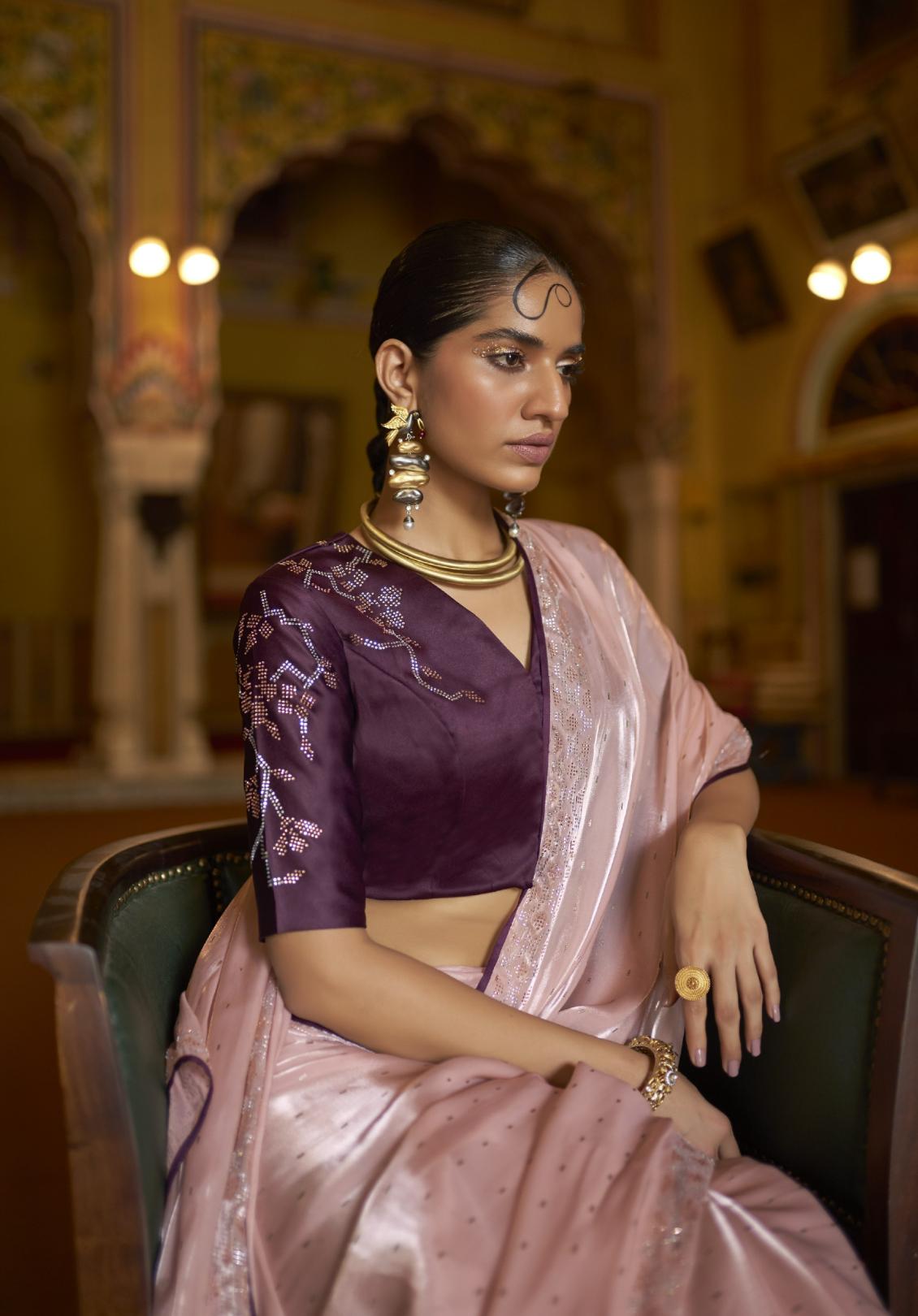 Pastel Pink Organza Tissue Silk Saree With Designer Blouse