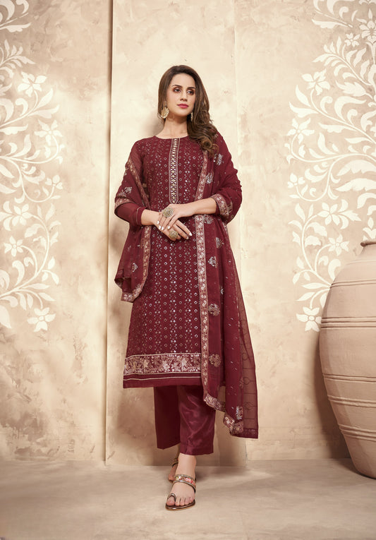 Maroon Embroidered Georgette Straight Pant Suit