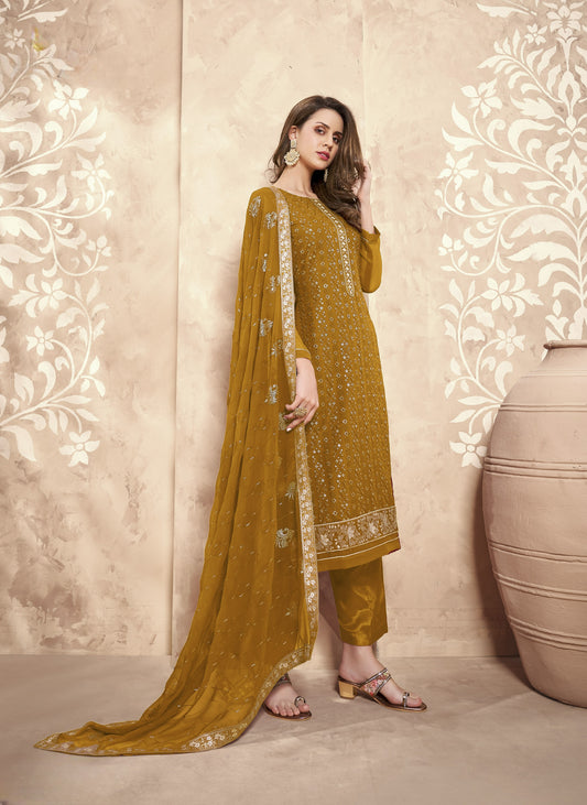 Granola Yellow Embroidered Georgette Straight Pant Suit