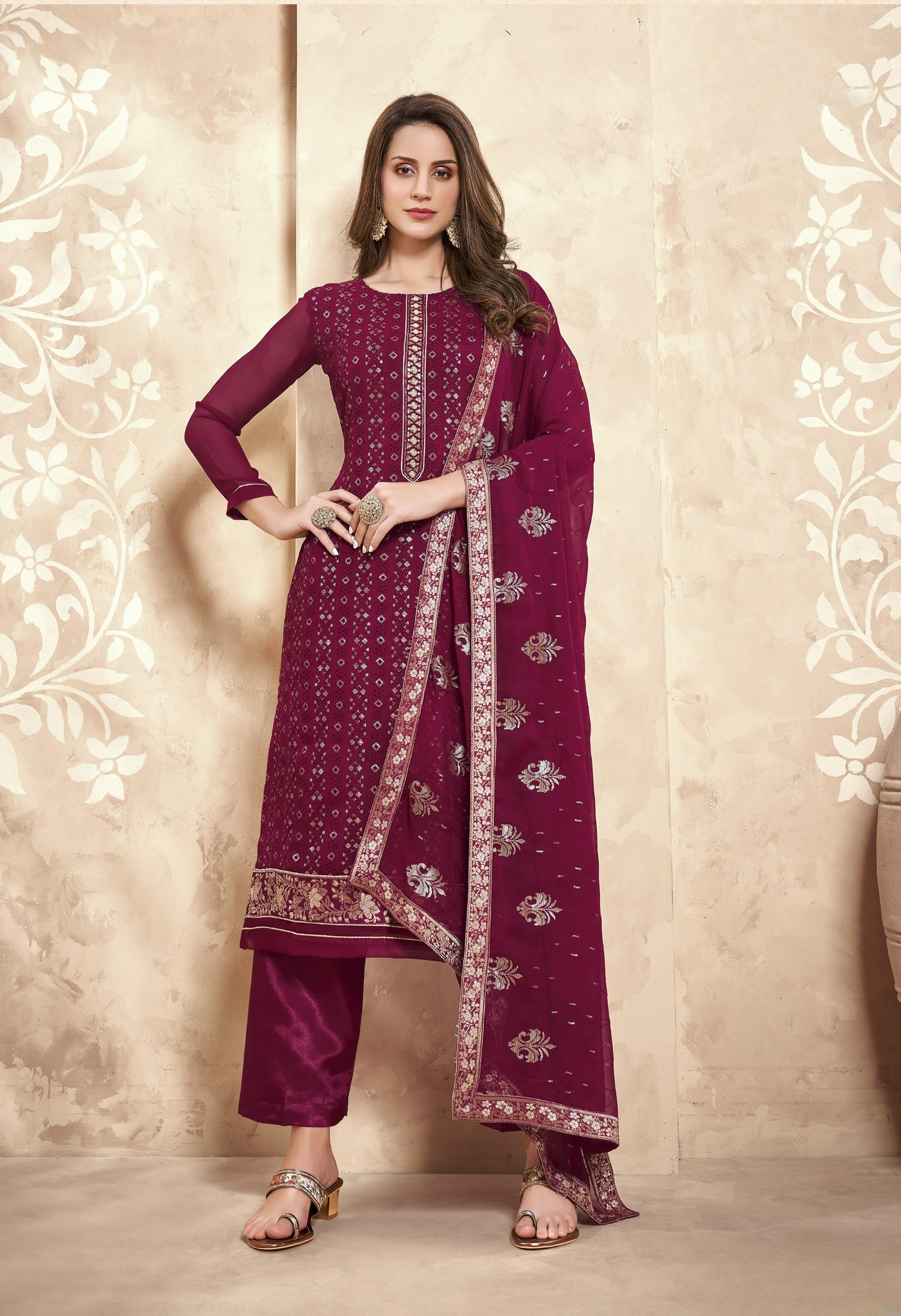 Mystic Magenta Embroidered Georgette Straight Pant Suit