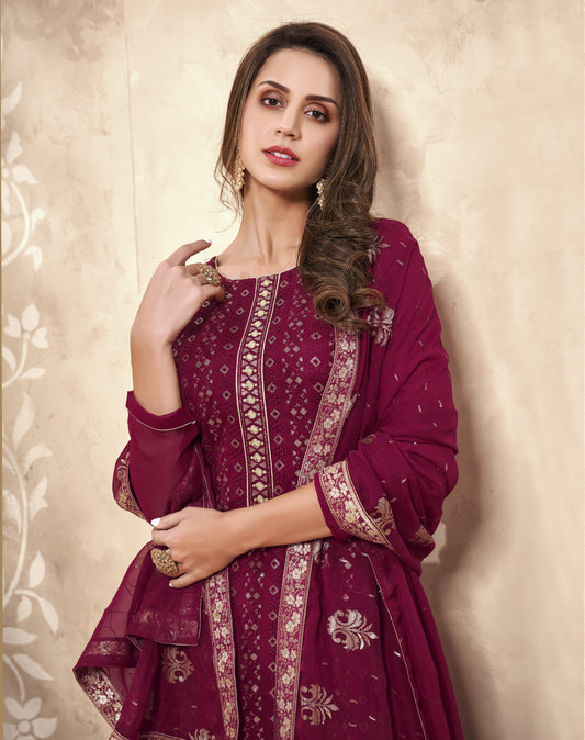 Mystic Magenta Embroidered Georgette Straight Pant Suit