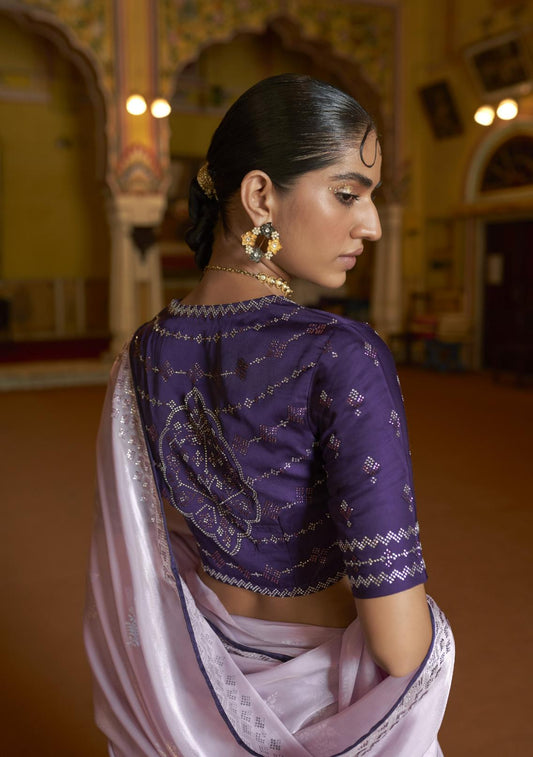 Pastel Lavendar Organza Tissue Silk Saree With Designer Blouse