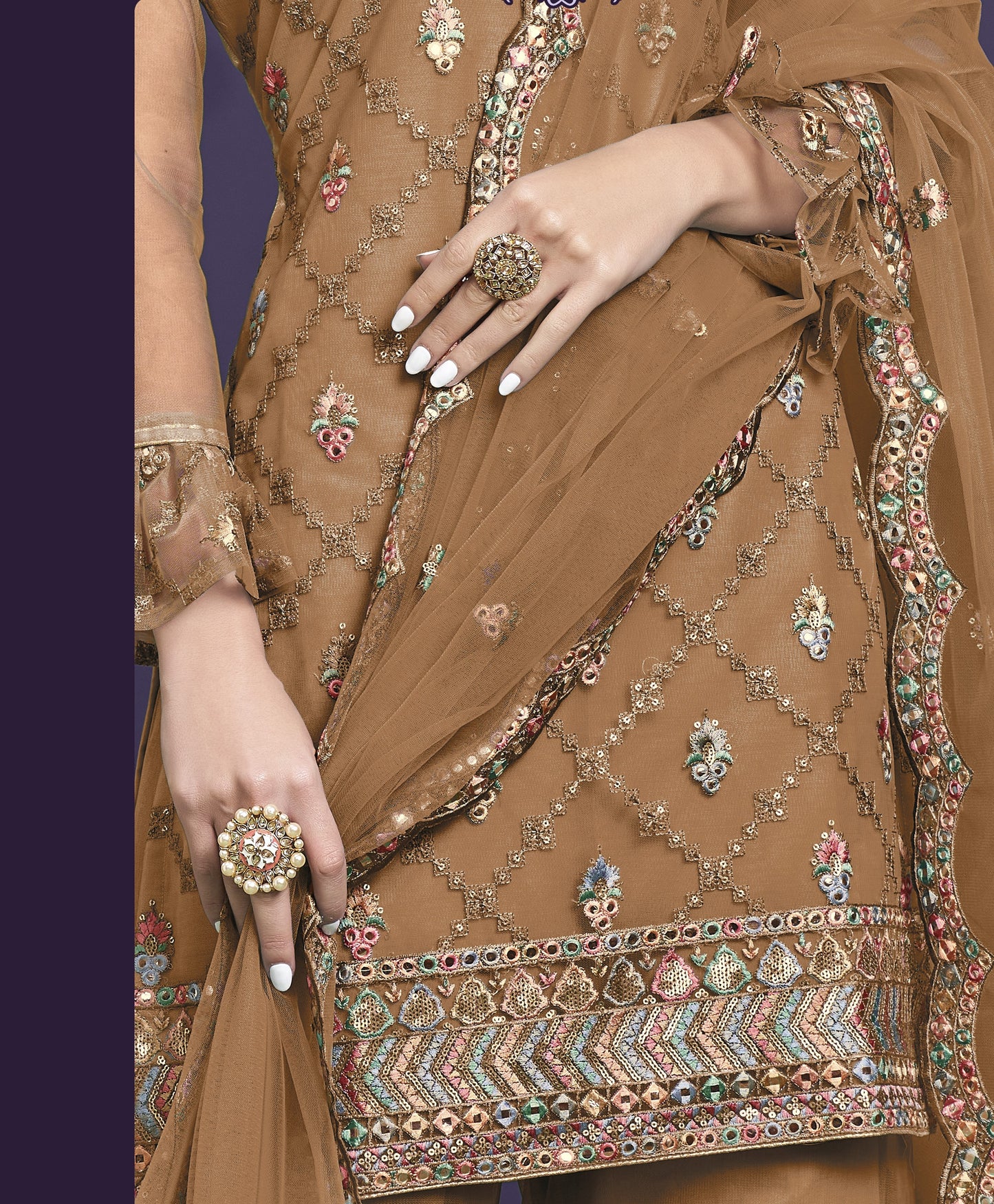 Peanut Brown Heavy Embroidered Georgette Gharara Set