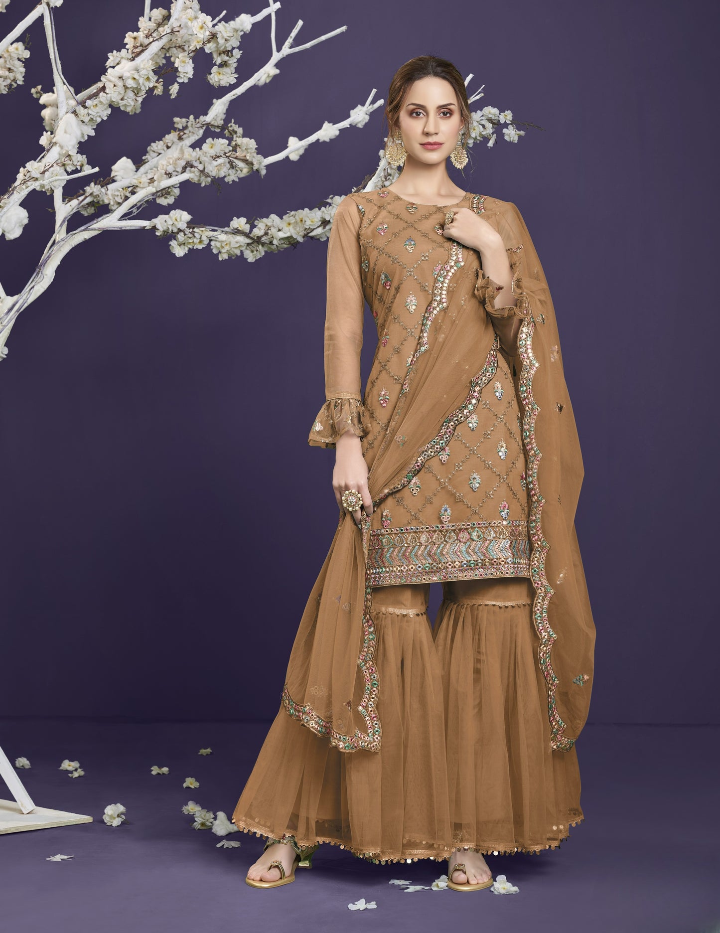 Peanut Brown Heavy Embroidered Georgette Gharara Set