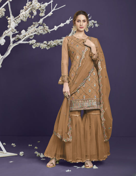 Peanut Brown Heavy Embroidered Georgette Gharara Set