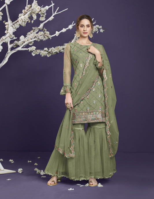 Juniper Green Heavy Embroidered Georgette Gharara Set