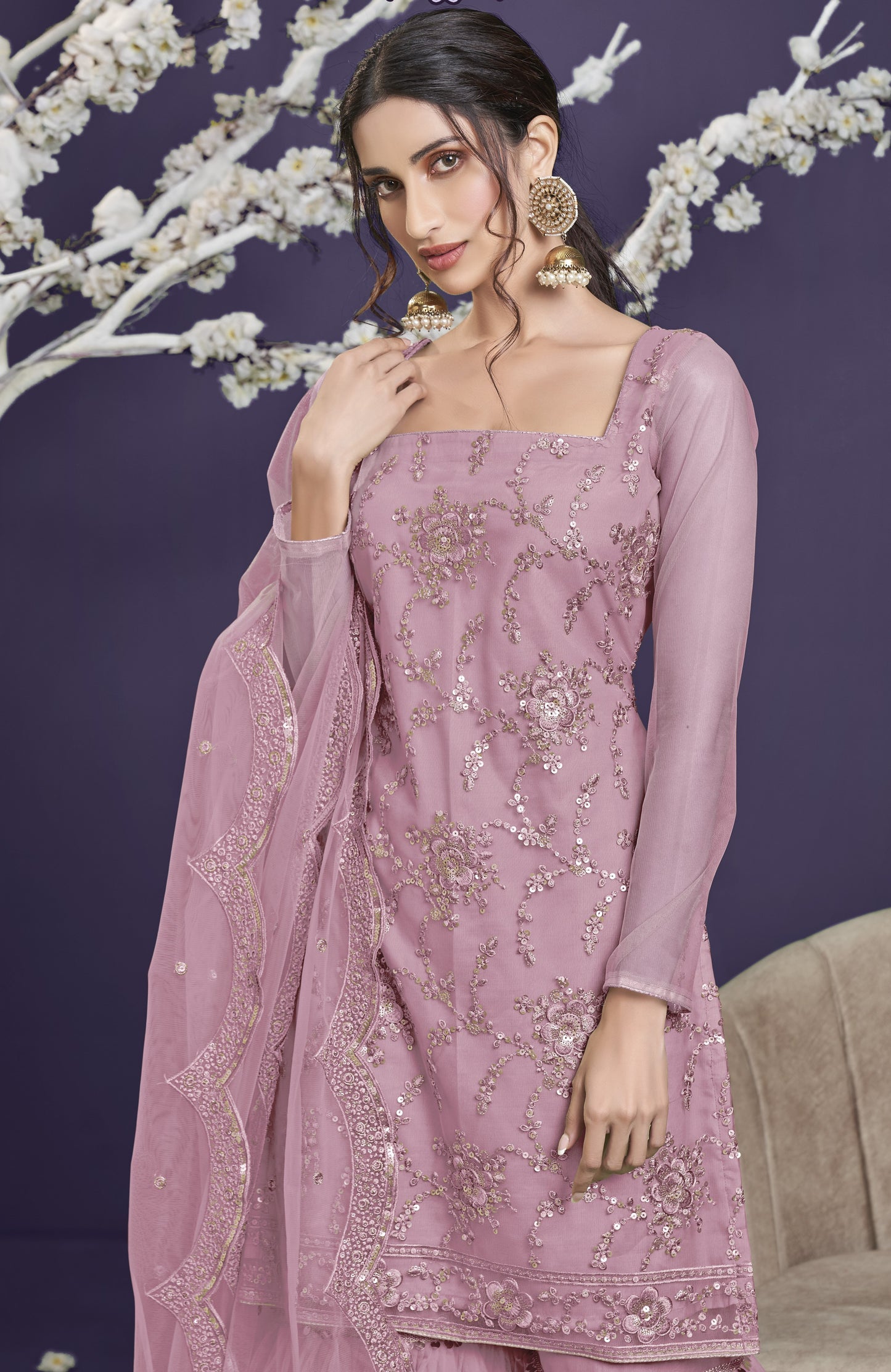 Mystic Mauve Heavy Embroidered Georgette Gharara Set