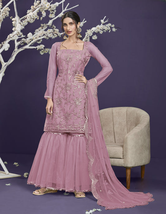 Mystic Mauve Heavy Embroidered Georgette Gharara Set