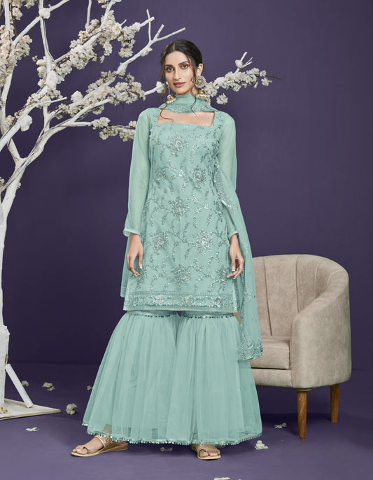 Sky Blue Heavy Embroidered Georgette Gharara Set