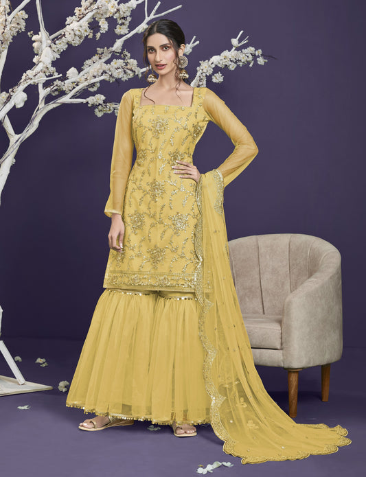 Twany Yellow Heavy Embroidered Georgette Gharara Set