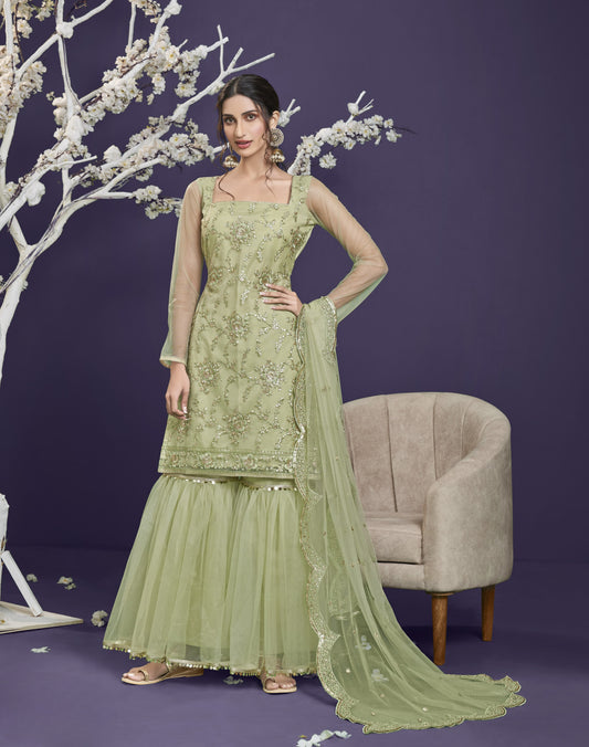 Olive Green Heavy Embroidered Georgette Gharara Set