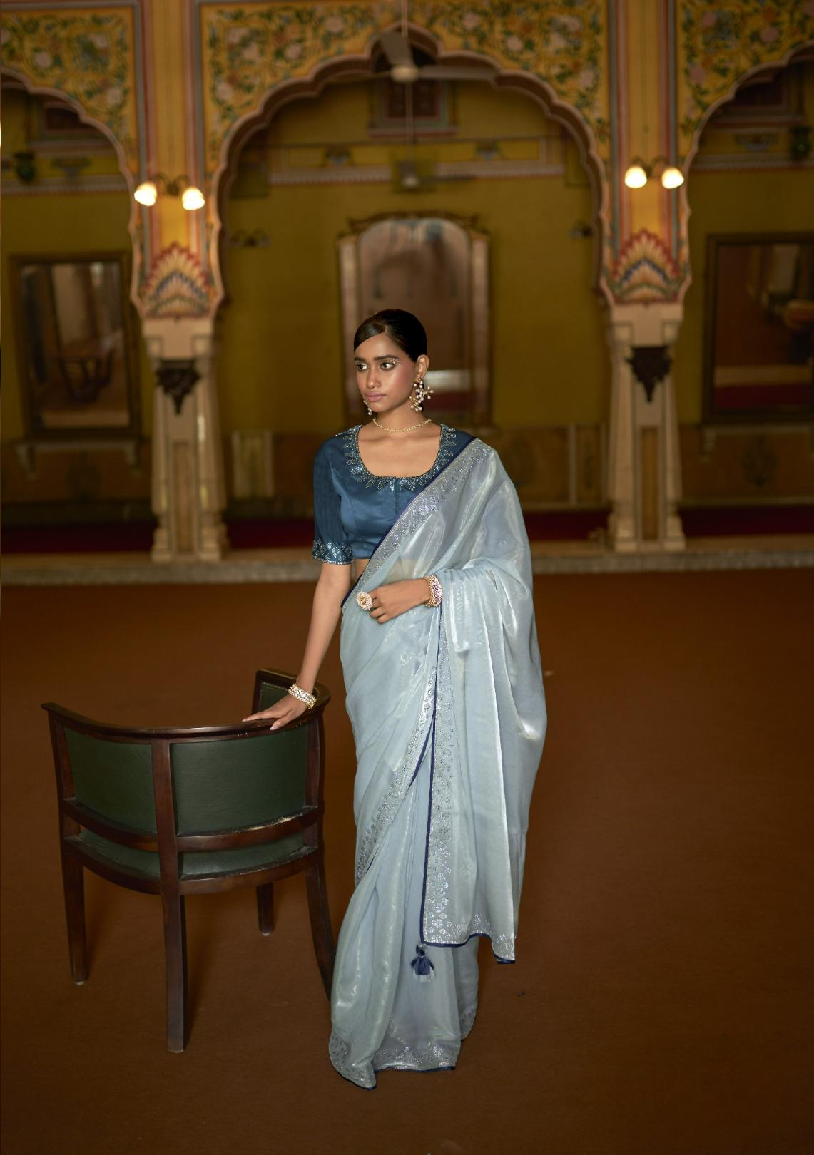 Pastel Blue Organza Tissue Silk Saree With Designer Blouse