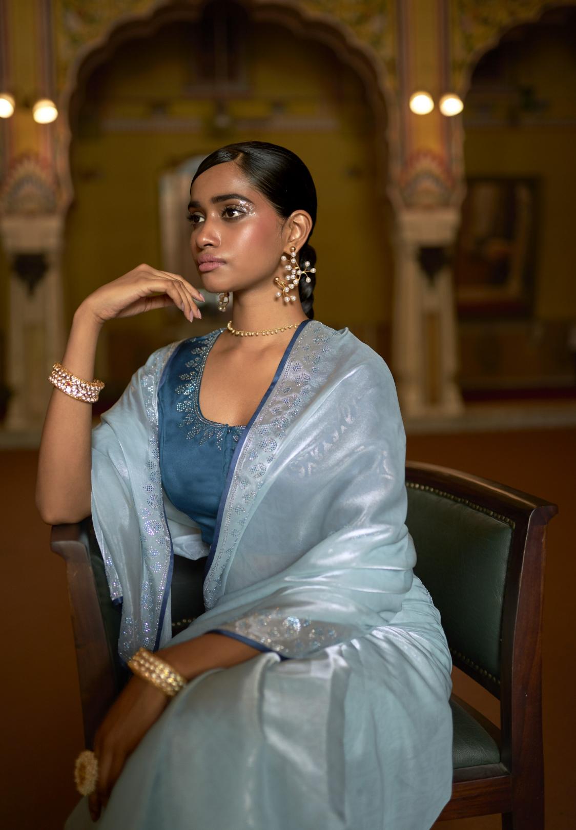 Pastel Blue Organza Tissue Silk Saree With Designer Blouse