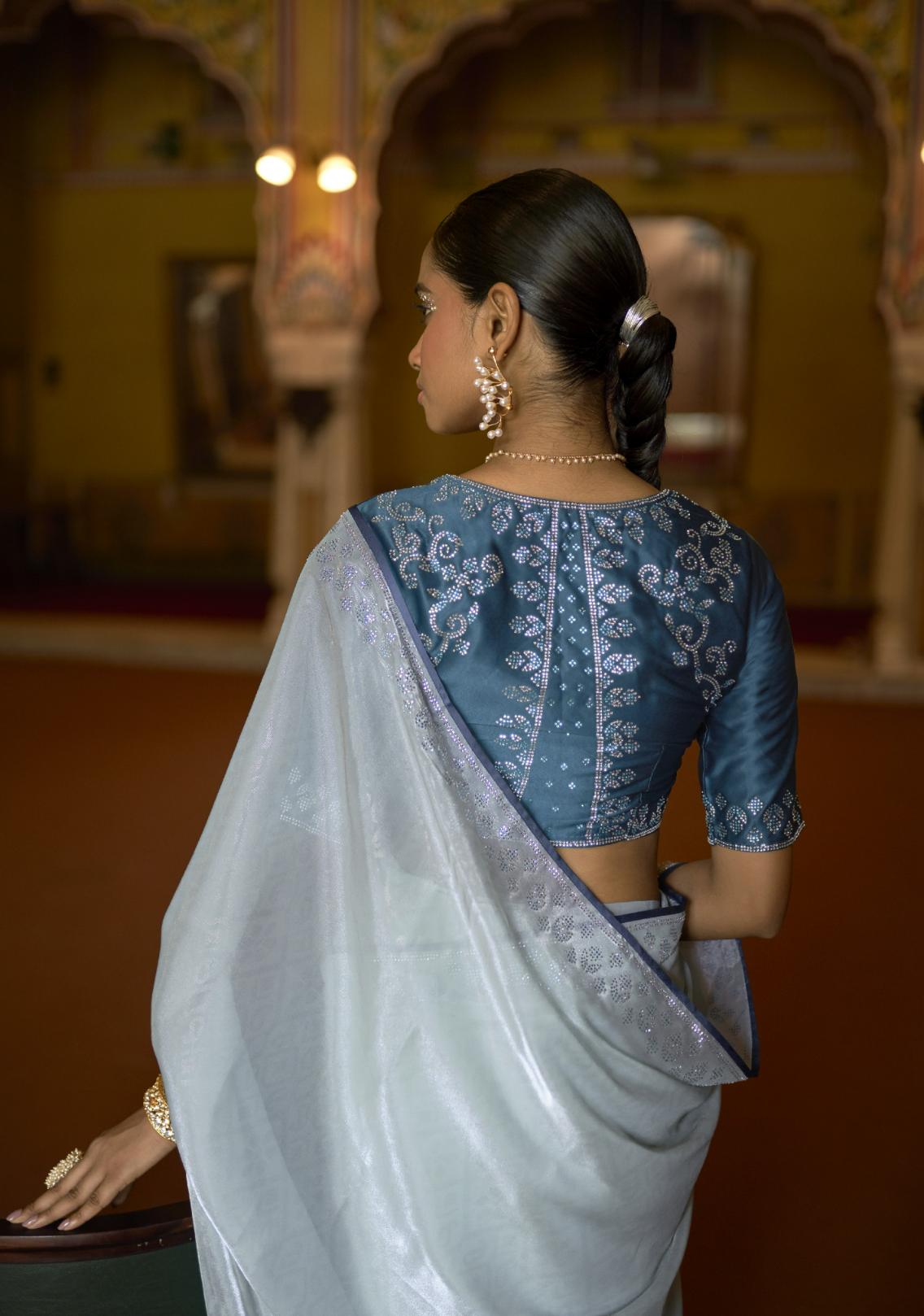 Pastel Blue Organza Tissue Silk Saree With Designer Blouse