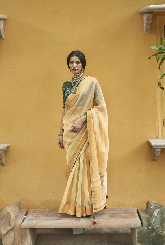 Butter Yellow Soft Tissue Organza Silk Saree With Brocade Designer Blouse