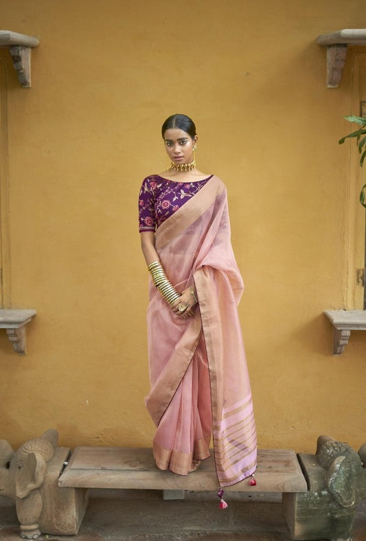 Lemonade Pink Soft Tissue Organza Silk Saree With Brocade Designer Blouse