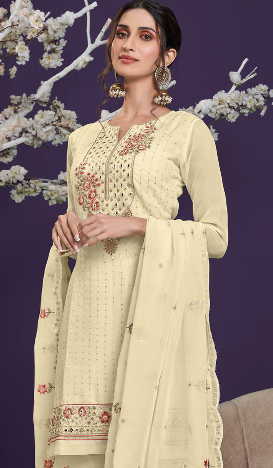 Lime Yellow Embroidered Georgette Sharara Set