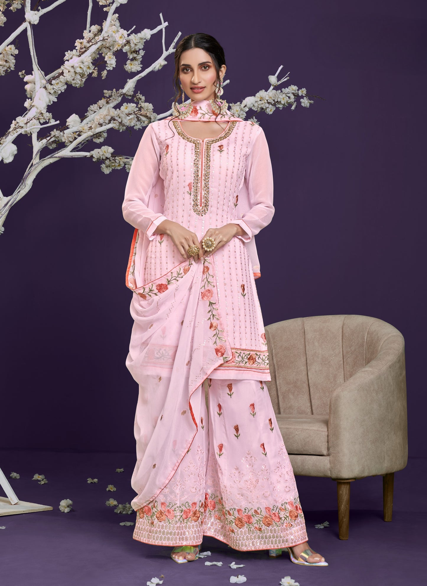 Blush Pink Embroidered Georgette Sharara Set