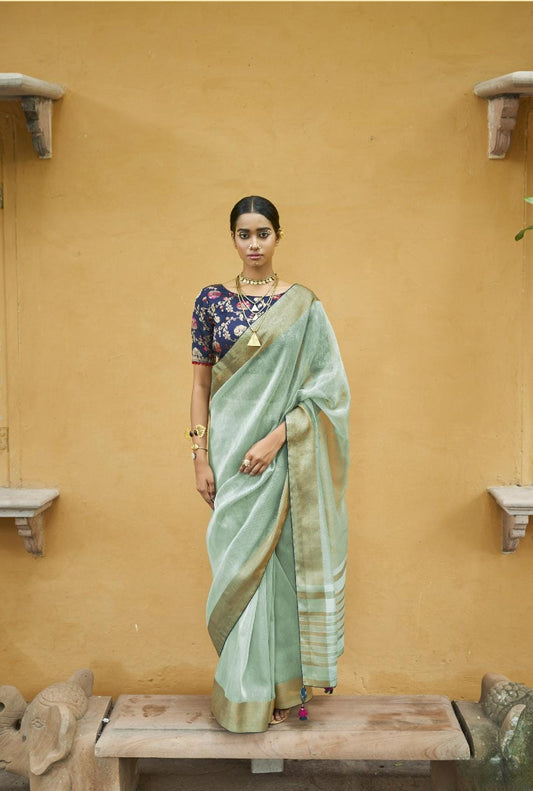 Light Seagreen Soft Tissue Organza Silk Saree With Brocade Designer Blouse