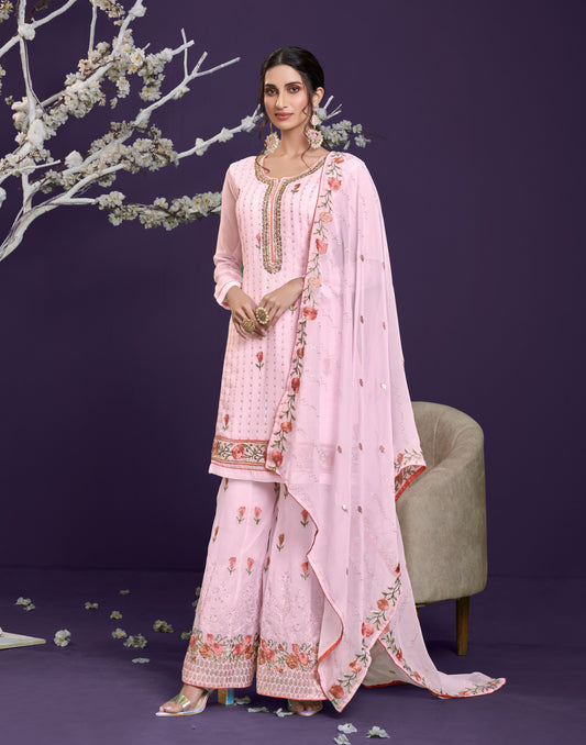 Blush Pink Embroidered Georgette Sharara Set