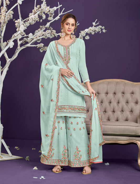 Powder Blue Embroidered Georgette Sharara Set