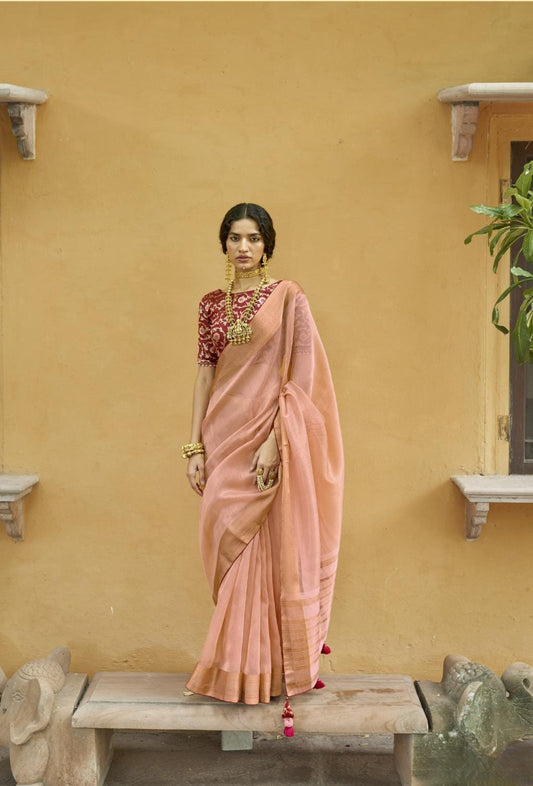 Salmon Peach Soft Tissue Organza Silk Saree With Brocade Designer Blouse