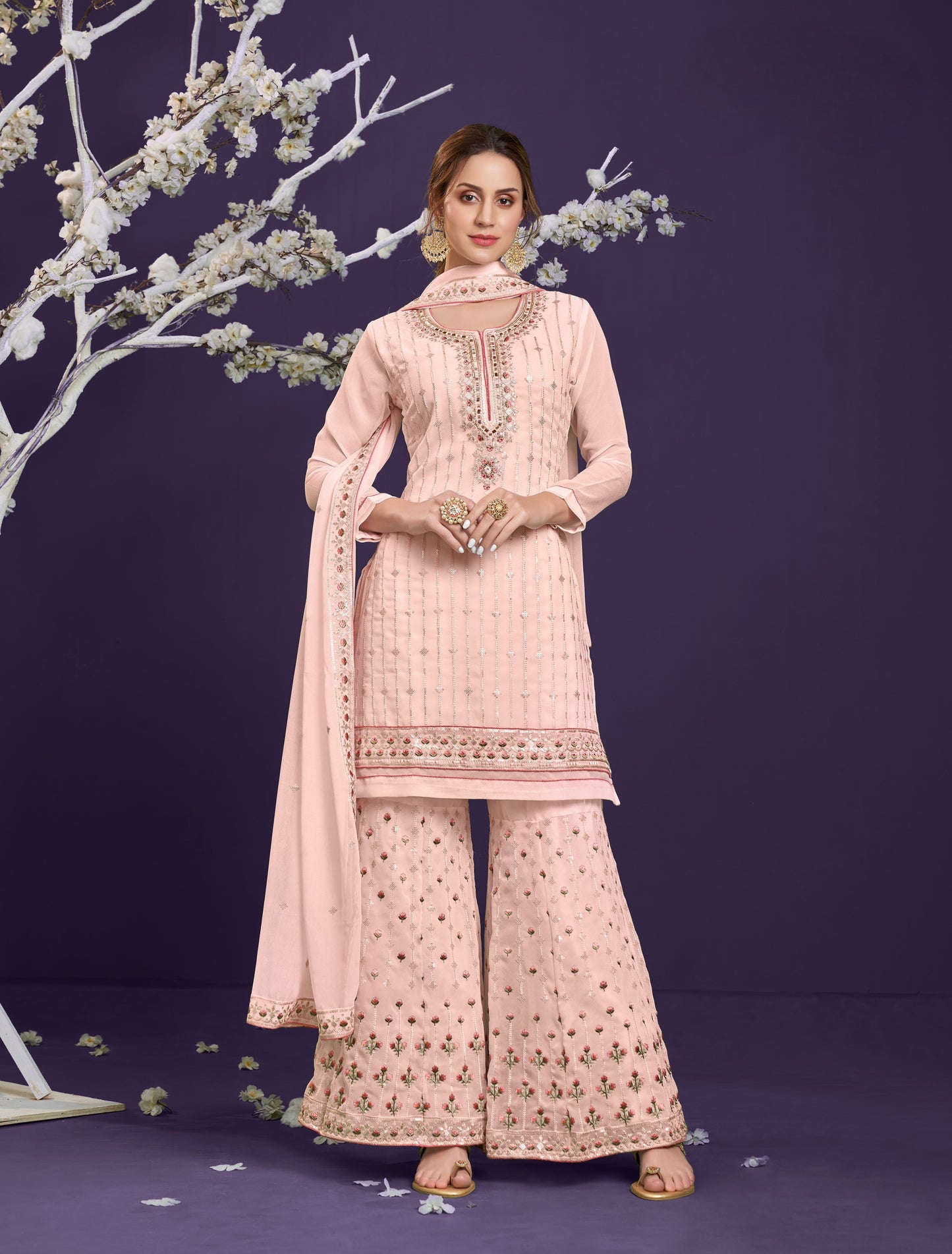 Salmon Peach Embroidered Georgette Sharara Set