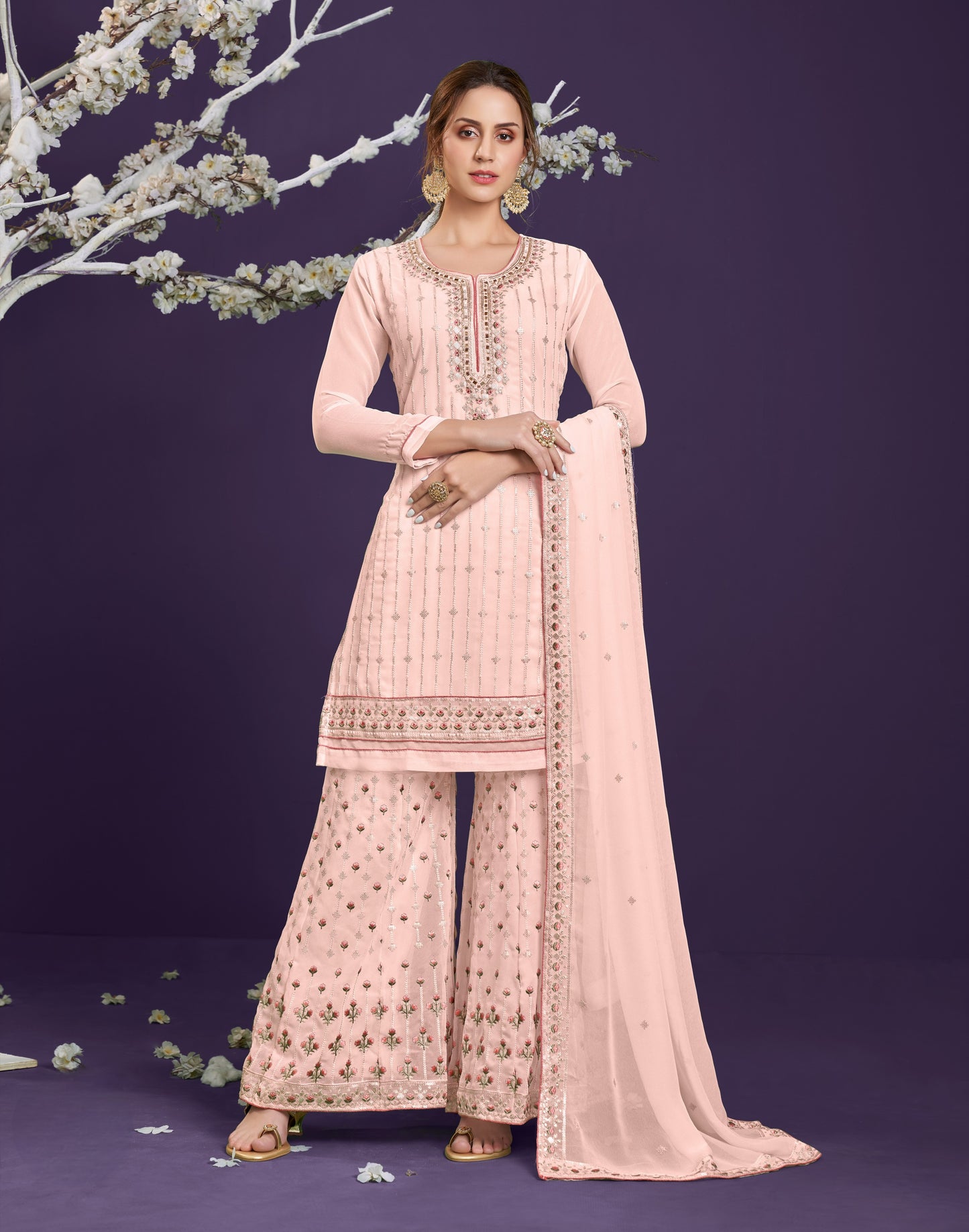 Salmon Peach Embroidered Georgette Sharara Set