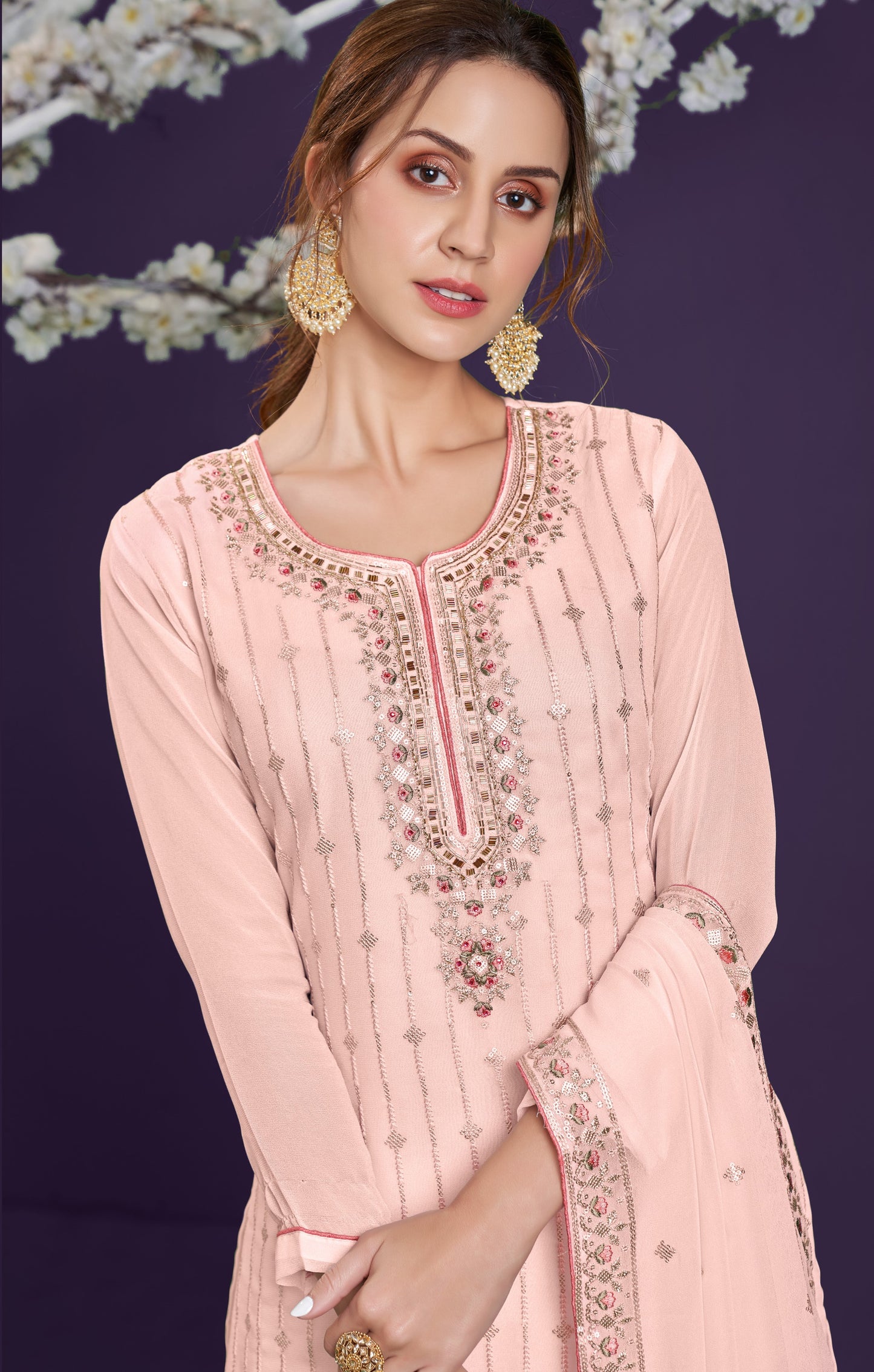 Salmon Peach Embroidered Georgette Sharara Set