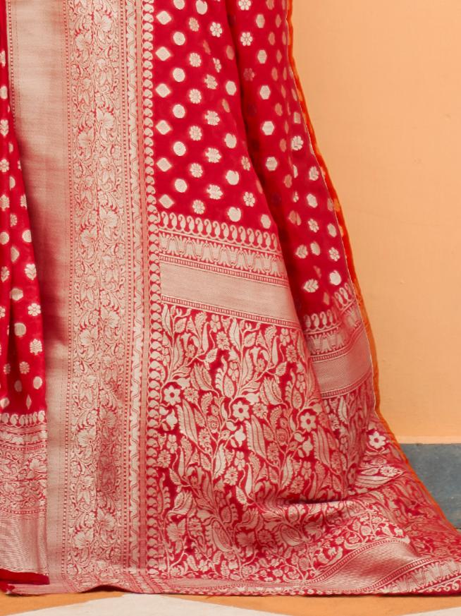 Bright Red Banarasi Handloom Silk Saree